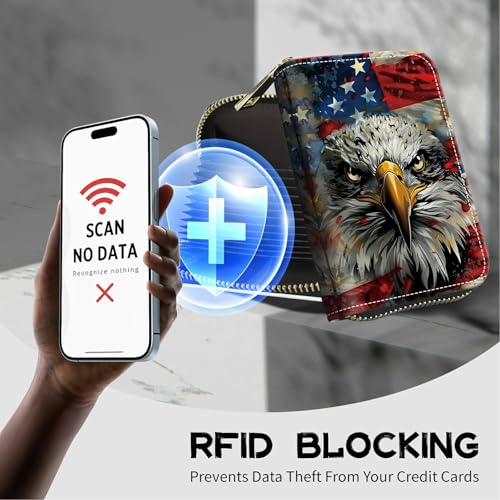 Image of Cute Credit Card Holder with Zipper, Eagle American Flag RFID-Blocking Card Case Small Wallet for Women Men, Multi-slot Card Organizer Case Travel Accordion Wallet