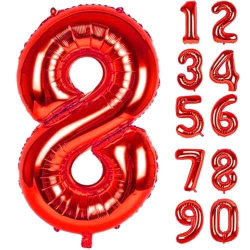 LAPONO Globos de Cumpleaños 8 Numeros, Rojo Helio Número Globos Grandes (83cm) Foil Globo Número Decoracion Cumpleaños Niño Para Boda Aniversario Fiestas Decoración