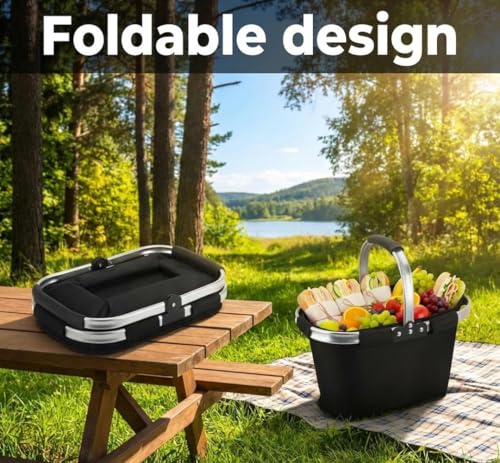 21L Faltbar Einkaufskorb,Picknickkorb,Tragekorb mit gepolstertem Griff,ideal für Einkaufen,Picknick und Reisen(Schwarz)