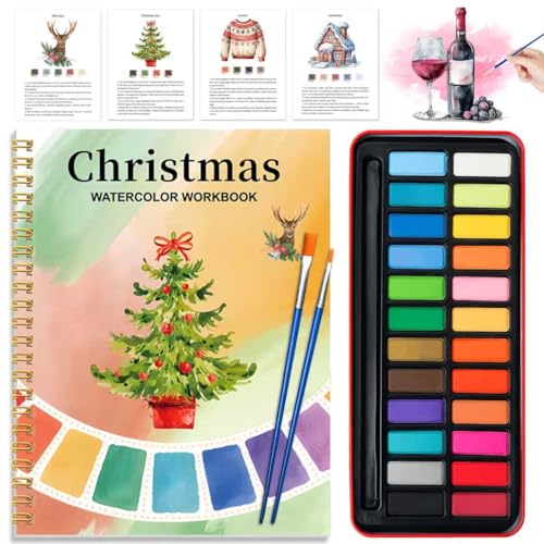 Watercolor Workbook - Coloring Book Beginner Friendly Painting Kit Watercolor Workbooks for Adults with 24 Colors Paint Exploration Gift for Adults Teens (Christmas)