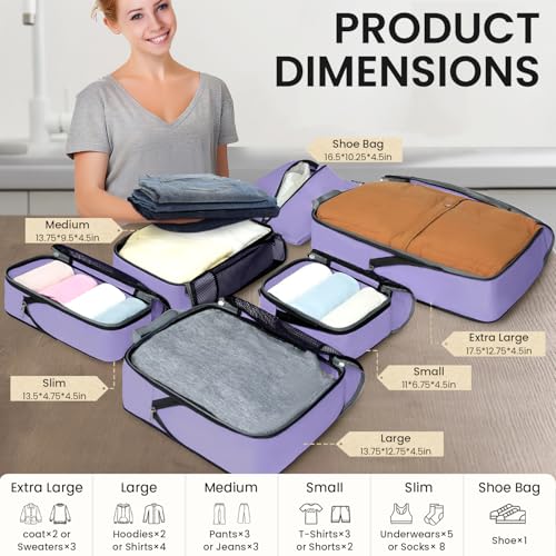 Image of BAGAIL 4 Set /6 Set /8 Set Compression Packing Cubes Travel Accessories Expandable Packing Organizers (Half Mesh, 6-Lavender)
