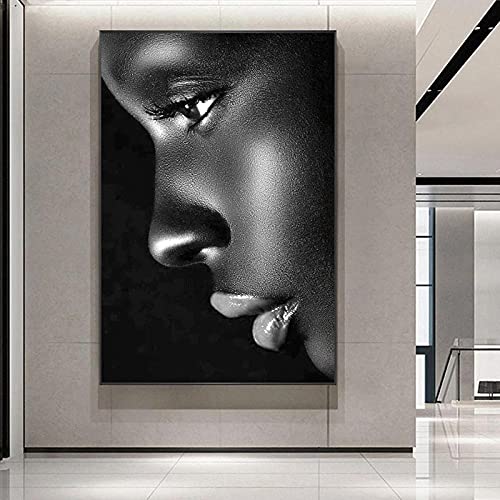 Peinture femme africaine noir profil lèvre habillage mur vide salon 60x80
