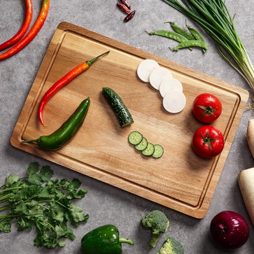 XL Cutting Board, 18x12 Large Acacia Wooden Cutting Board for Kitchen, Edge Grain Wood Chopping Board with Juice Groove and Handles, Pre-Oiled Carving Tray for Meat & Cheese by GAOMON - Used condition - Image 6
