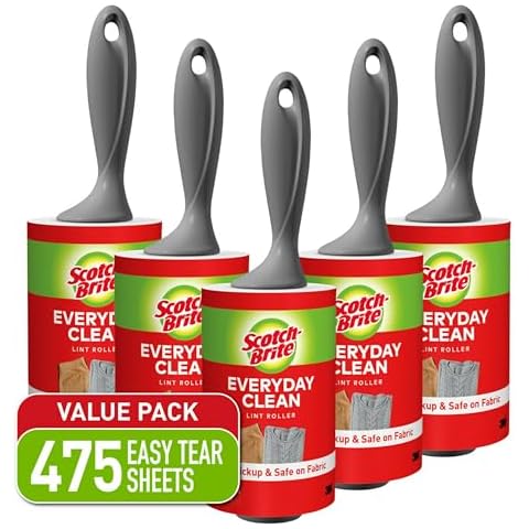 Scotch-Brite Everyday Clean Lint Roller, Lint Roller for Pet Hair, Clothing, Furniture and More, 5 Lint Rollers, 95 Sheets/Roller, 475 Sheets Total, Lint Remover for Clothes, Pet Hair Removal Cover