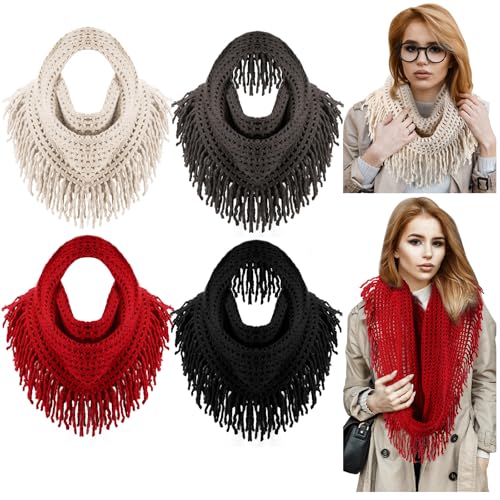 Coume 4 Pcs Winter Scarf for Women Thick Neck Cozy Knit Cable Scarf Fringe Infinity Loop Scarf, Black, Burgundy, Grey, White
