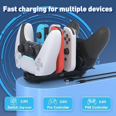 Switch Controller Charger for Nintendo Joy con Charge, Joy-con Charging Dock, 6 in 1 Switch1 Controller Charge Dock Station Compatible Nintendo Switch/Pro Controller/PS5 with Charger Cable & Indicator