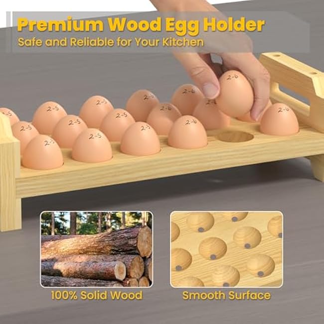 Egg Holder Countertop, 3-Tier Stackable Wooden Egg Holder for 54 Eggs, Space Saving Countertop Organizer, Multi-Size Egg Storage Rack for Chicken Duck Turkey Quail Eggs, Natural
