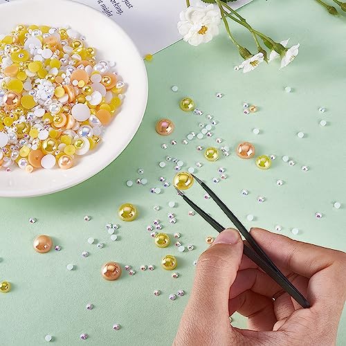 BEEFLYING 60g Mix Flatback Pearls & Resin Rhinestones Half Round Pearl Beads for Crafts 3mm-10mm Half Pearl Rhinestone for Face Art Tumblers Bottles Clothes Gift Card Jewelry Decor(Yellow White) - Image 3