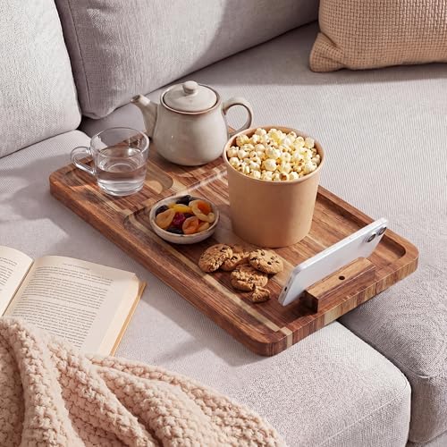Zhehao Acacia Wood Couch Tray Between Cushion with 360 Rotating Phone Holder Folding Sofa Table Insert for Sectionals Sofa Middle Organizer for Drinks Snacks Phone Remote Control 15.35x9.88 Inch