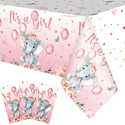 Image of Moukeren 3 Pack Elephant Tablecloth Baby Shower Decorations Plastic Table Cover Rectangle Table Decors for Boy Girl Gender Reveal Birthday Party Supplies, 54 x 108 Inch(Pink,Girl)