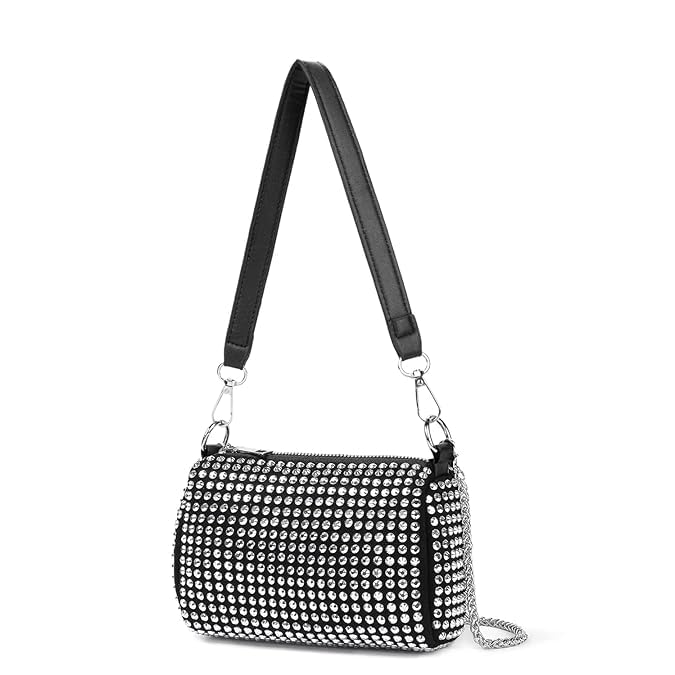 Image of Classy Bag Women's Rhinestone Studded Shoulder Bag - Black Barrel Purse with Detachable Chain Strap - Sparkly Evening Handbag for Party, Prom, or Night Out