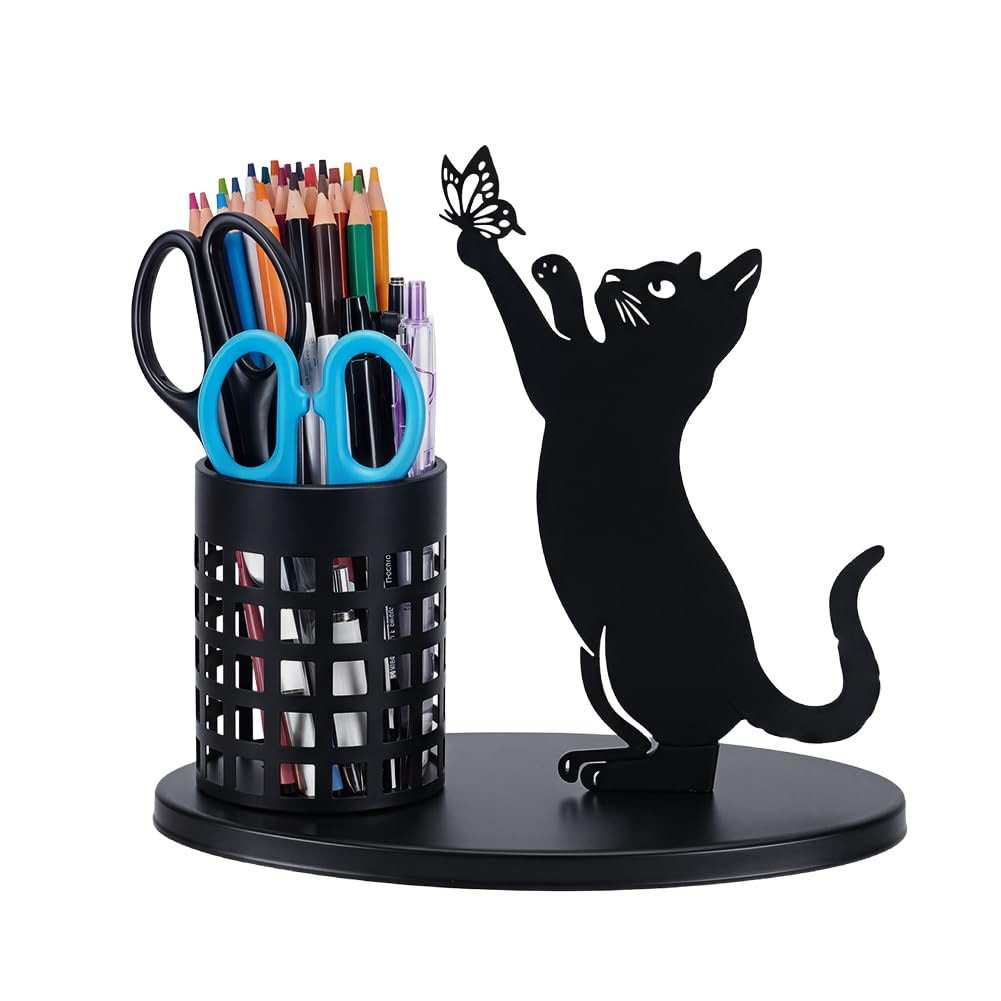 NBEADS 1 Sets Cat Pen Holder for Desk, Black Pencil Holder Cute Pen Holder Desk Accessories Brush Pen Cups for Office Home Decor Table Centerpiece Lover Gifts Women, 220x135x185mm