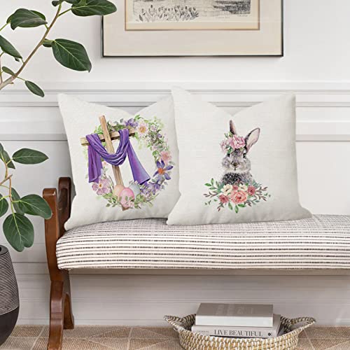 Negi Flowering Shrubs Bunny Farmhouse Pillow Covers 18X18, Rabbit Pillow Case Couch Pillow Covers, Spring Throw Pillow Cover For Sofa Office Bedroom Living Room Decor #TOP6
