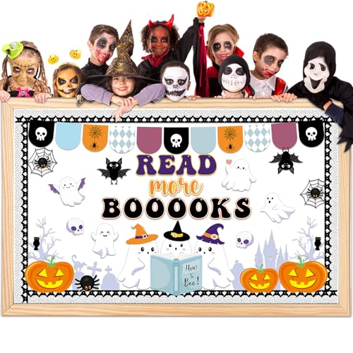 Image of gisgfim Halloween Bulletin Board Decorations Halloween Cute Ghost Paper Cutouts Pumpkin Spider Bat Classroom Decor Halloween Party Bulletin Board for Holiday Reading Classroom Home Wall Decor Supplies