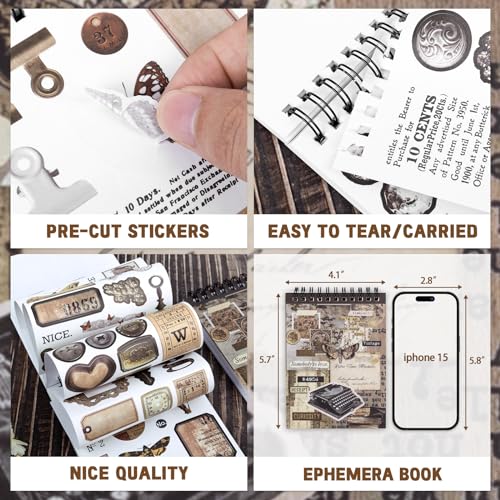 RISYPISY Pre-Cut Vintage Sticker for Journaling, 595PCS - 50 Sheets Washi Brown Scrapbooking Stickers, Ephemera for Junk Journal Supplies DIY Crafts Dark Academia Stickers for Adults