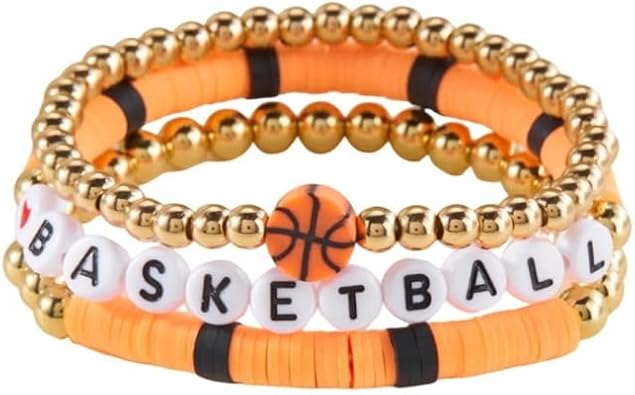 3Pcs Dainty Football Baseball Soccer Basketball Volleyball Polymer Clay Gold Beaded Charm Bracelets Handcrafted Elastic Game Day Bracelets for Women Men Sports Team Jewelry Gift