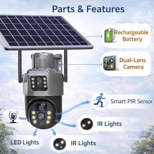 Image of JB Supar Dual Lens Solar Powered PTZ Outdoor CCTV Camera | 360 View | Color Night Vision | Motion Detection | Two Way Audio | 4G SIM-Based Camera with Mobile App V380 Pro (New Dual Lens Solar)