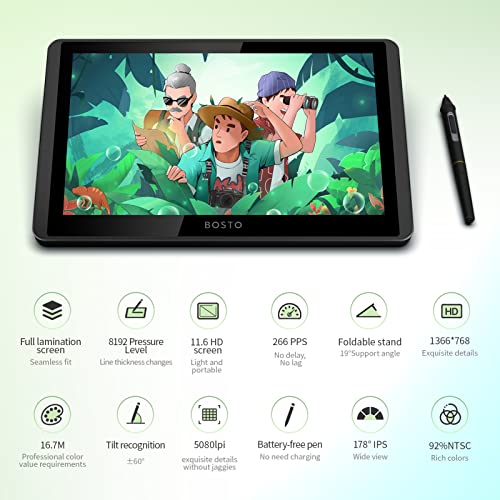 Tableta digitalizadora LCD de 11,6 pulgadas con resolución 1366x768, 8192 niveles de presión, soporte de inclinación y diseño de bajo consumo alimentado por USB — Compatible con Windows/macOS miniatura 2
