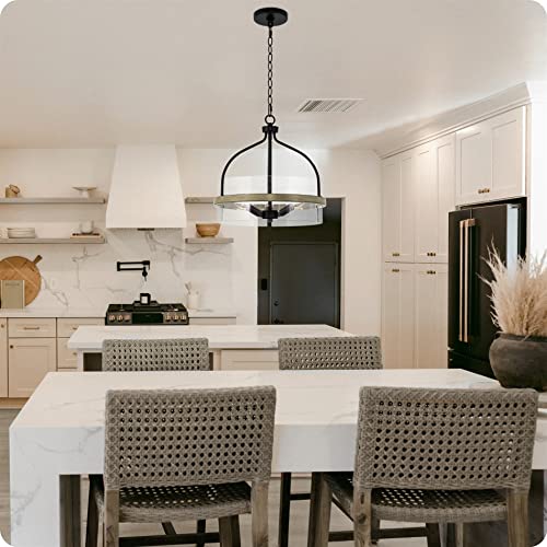 Kira Home Wallach 16" 3-Light Modern Farmhouse Pendant Light Chandelier + Glass Drum Shade, Adjustable Hanging Height, Smoked Birch Wood Style + Black Finish #TOP30
