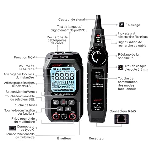Image of NF-8509 Network Cable Tester with Digital Multimeter 2 in 1 Multifunctional Network Tool, RJ45 Wire Tracer POE Tester Port Check Cable Length Measurement NCV Continuity Test