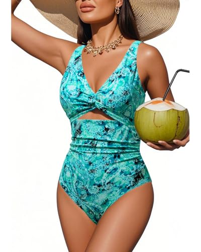 Image of Tempt Me Women One Piece Swimsuits Tummy Control Cutout Bathing Suits Ruched V Neck Twist Front Swimwear