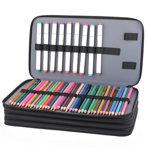 Image of Vomgomfom 300 Slots Marker Case 4-Layer PU Leather, Handle, Solid Black
