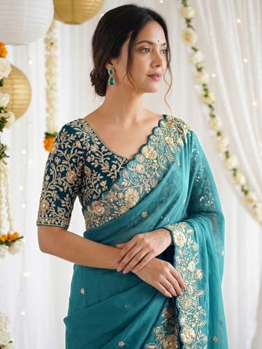 Image of SIRIL Women's Shimmer Georgette Scalloped Border Sequins Embroidery Saree with Unstitched Blouse Piece