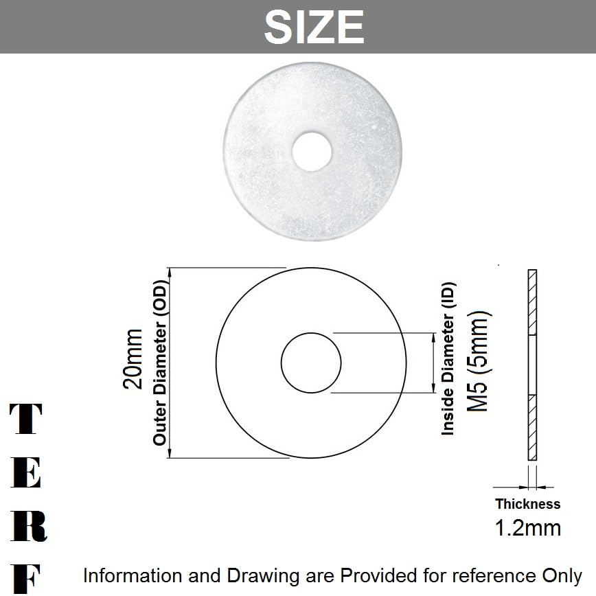 TERF® M5 (5mm) X 20mm X 1.2mm Stainless Steel A2 (304) Flat Repair Penny Mudguard Timber Fender Washer 5mm Hole (ID) X 20mm Outside Diameter X 1.2mm Thickness - Image 3