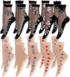 Sheer Lace Socks 10 Pairs Floral Mesh Ankle Socks for Women | Embroidered floral design with soft breathable mesh for heels, loafers, sneakers and everyday outfits