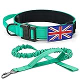 YoothBro K9 Ensemble collier et laisse tactique pour chien avec drapeau du Royaume-Uni, collier réglable en nylon avec boucle en métal robuste pour chiens de taille moyenne et grande taille Aqua, L