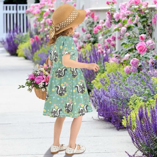 Girls Summer Dress Short Sleeve A Line Cute Skunks Colorful Flowers Casual Dresses for Kids 2-8 Years4