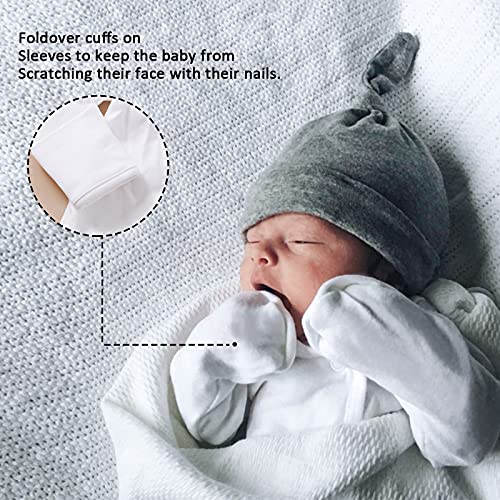 Defahn Baby Side Snap Kimono Bodysuit Long Sleeve With Mitten Cuffs 100% Cotton 3-Pack Unisex Onsies For Newborn Boy Girl (3Pc Bk-Wh-Gy, Newborn) #TOP1