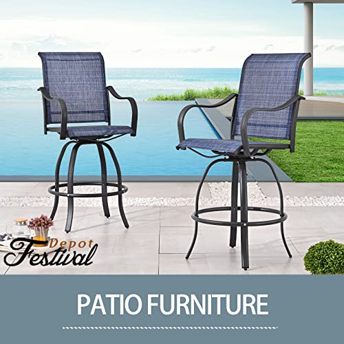 Festival Depot 2Pcs Bar Bistro Patio Dining Chairs Textilene High Stools 360° Swivel Chairs With Curved Armrest And Metal Frame Outdoor Furniture For Garden Pool All-Weather (Blue) #TOP4