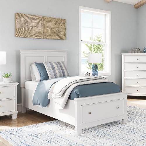 Image of Signature Design by Ashley Fortman Twin Panel Storage Bed, White | Wood and engineered wood, 1 extra deep footboard drawer, Includes roll slats, Traditional style, Youth bedroom furniture