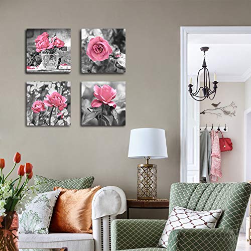4 Panel Pink Rose Flower Wall Art Paintings Wall Art Paintings Floral Prints On Black And White Canvas Wall Decoration Framed For Bathroom Bedroom Decor Artwork 14X14 Inch #TOP3