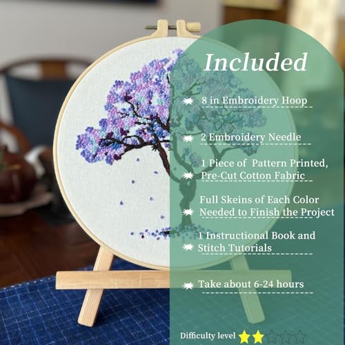 Image of FONNUY Crewel Embroidery Kit for Beginners, Seasonal Tree Pre-Stamped Pattern Kits for Adults with Hoop, Easy to Follow Color Thread Needlework, 8'' (Purple)