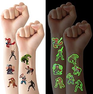 ACWOO Temporary Tattoo for Kids, 8 Sheets Glow In The Dark Superhero Temporary Tattoo Stickers, Waterproof Superhero Luminous Fake Tattoo Stickers Set for Boys Girls Birthday Gift Party Bag Filler
