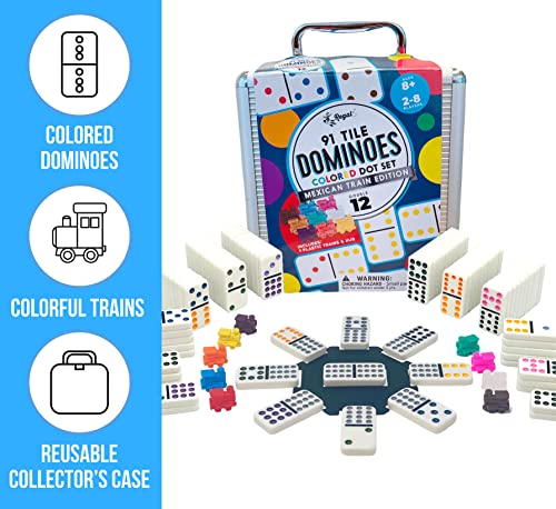 Regal Games - Double 12 Mexican Train Dominoes - Colored Dots Set - Fun Family-Friendly Dominoes Game - Includes 91 Tiles, Collector's Case & Plastic Hub With 9 Plastic Trains - Ideal For 2-4 Players #TOP1