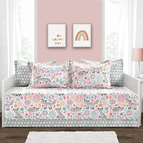Pink Teal Orange Grey 6 Piece Floral Foxes Daybed Cover Bedding Set New
