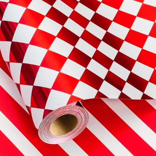 HOMERAL Checkered Wrapping Paper Roll - Red Metallic Foil Diamond & Stripe Reversible Classic Pattern Gift Wrap for Birthday Mothers Day Fathers Day Wedding Christmas Anniversary - Mini Roll - 17 In x 33 Ft