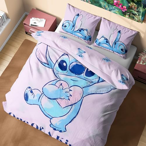 Disney Stitch Duvet Cover and Pillowcase Set, Single or Double Size, Bedroom Accessories for Kids Teens (Pink Stitch Double)
