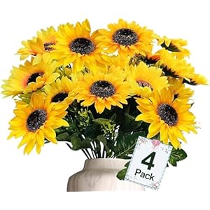 TURNMEON 28Pcs Sunflowers Artificial Flowers for Outdoors Summer Decor, 4 Pack Fake Flowers Silk Faux Sunflower Bouquet Arrangement for Vase Wedding Table Home Porch Indoor Outdoor Cemetery Decor