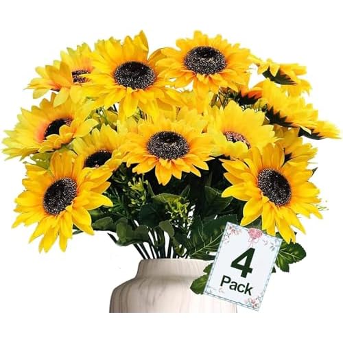 TURNMEON 28Pcs Sunflowers Artificial Flowers for Outdoors Summer Decor, 4 Pack Fake Flowers Silk Faux Sunflower Bouquet Arrangement for Vase Wedding Table Home Porch Indoor Outdoor Cemetery Decor
