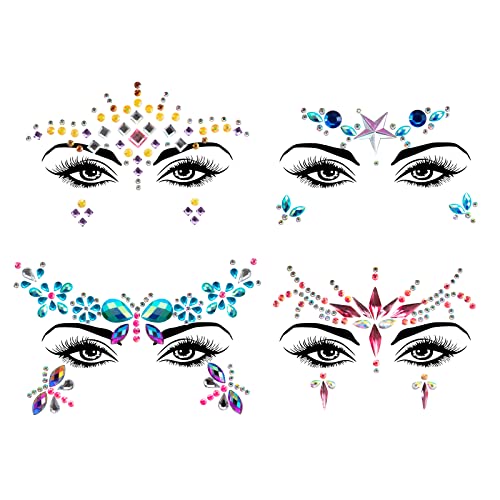 4 Pack Face Gems, Festival Women Mermaid Face Glitter Rhinestone Rave Festival Face Gems, Crystals Face Stickers Eyes Face Body Temporary Tattoos (Style A)