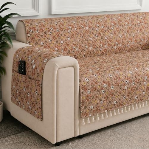 Image of STITCHNEST 'Frostvine Collection' 3 Seater Sofa Cover | Full Coverage with Armrest Pockets | Cotton Quilted Fabric, Decorative Tassels, Washable & Durable for Modern Living