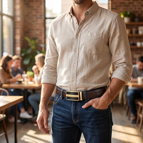 Image of JINIU Men's Ratchet Belt Buckle, Black Genuine Leather Slide Belt for Men Dress Suit, Micro Adjustable Trim to Fit Boxed