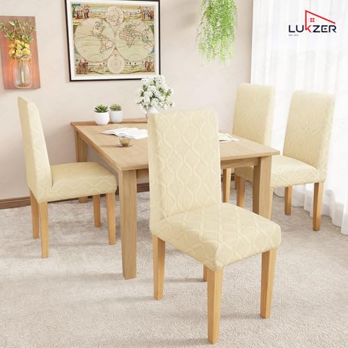 Image of Lukzer Elastic Dining Chair Cover - 6PC Pastel Yellow Diamond | Textured High Stretch Jacquard Seat Cover | Removable Washable Short Dining Chair Cover Protector Seat Slipcover | (CC-156-06)