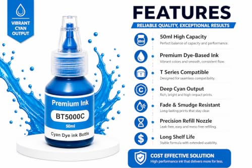 Image of ROHINK Premium campatible Dye Ink Bottles for Brother Printers, T220, T300, T310, T420, T500, T520, T820, T920, T510, T910, T710, T4500W, T800W, T710W - Printer (Brother BTD 5000 Cyan Pack 1)