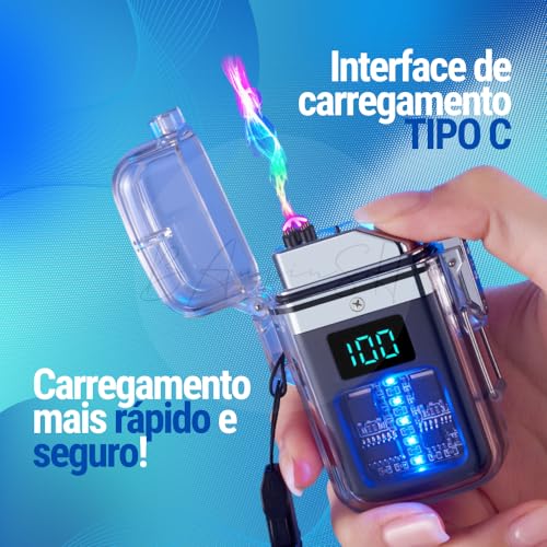 Isqueiro De Plasma Isqueiro Eletrônico Plasma Recarregável Prova D'agua Duplo Arco, Ideal para Acam