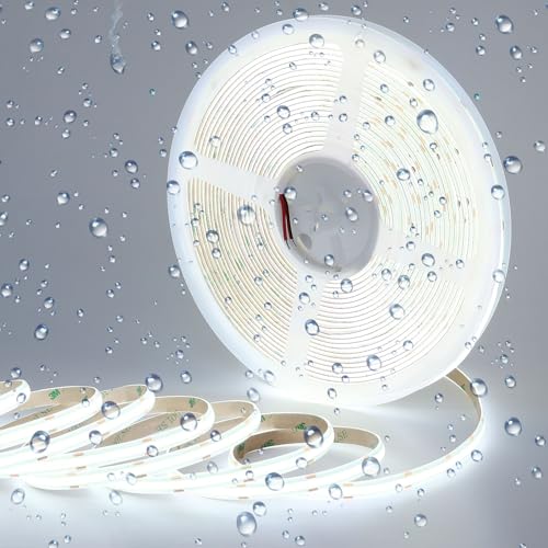GOMING 15M 24V COB LED Strip Light Waterproof IP65 Cool White 6000K Uniform Glow 5760LEDs CRI 93+ Flexible LED Tape Lights for DIY Cabinet Bedroom Kitchen Home Decor(No Power Supply)